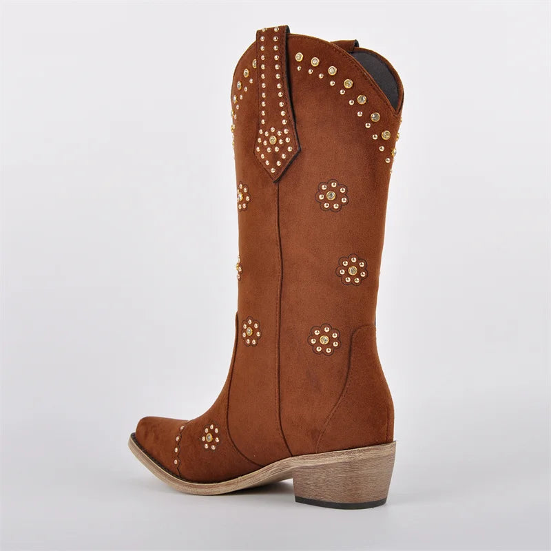 Onlymaker Women Pointed Toe Fringe Pull On Retro Western Cowgirl Boots Fringed Chunky Heel Cowboy Boots