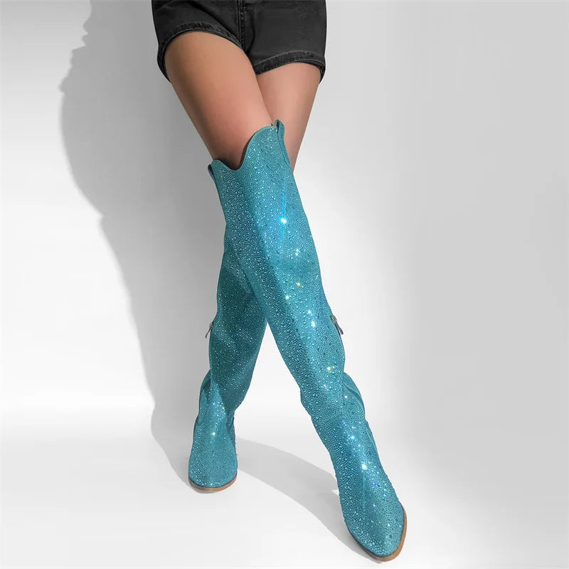 Onlymaker Women Pointed Toe Blue Rhinestone Over The Knee Boots  Chunky Heel Fashion Handmade Female Bling Boots