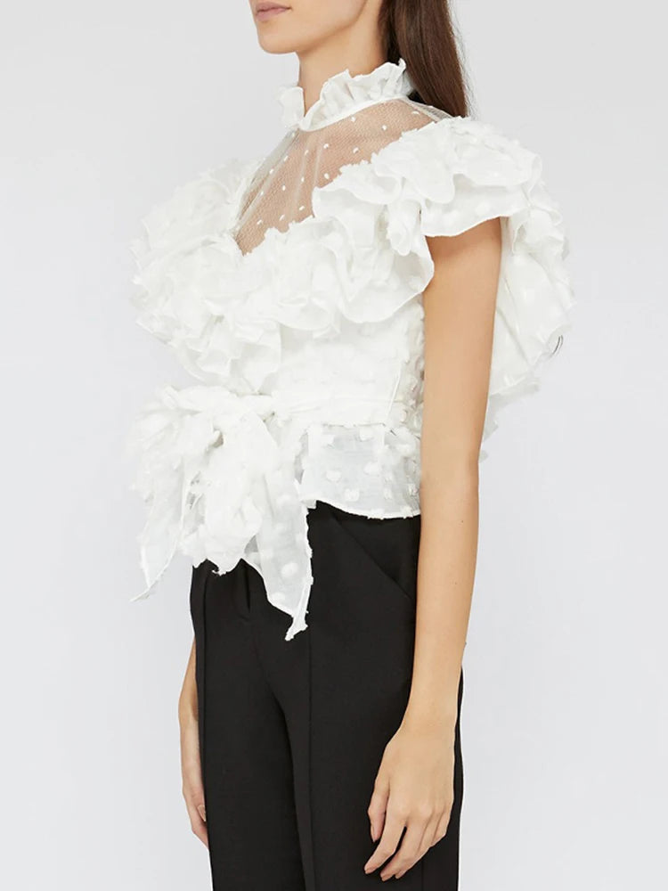 Ruffles Minimalist Shirts For Women Stand Collar Sleeveless Backless Patchwork Zipper Temperament Blouse Female Fashion New