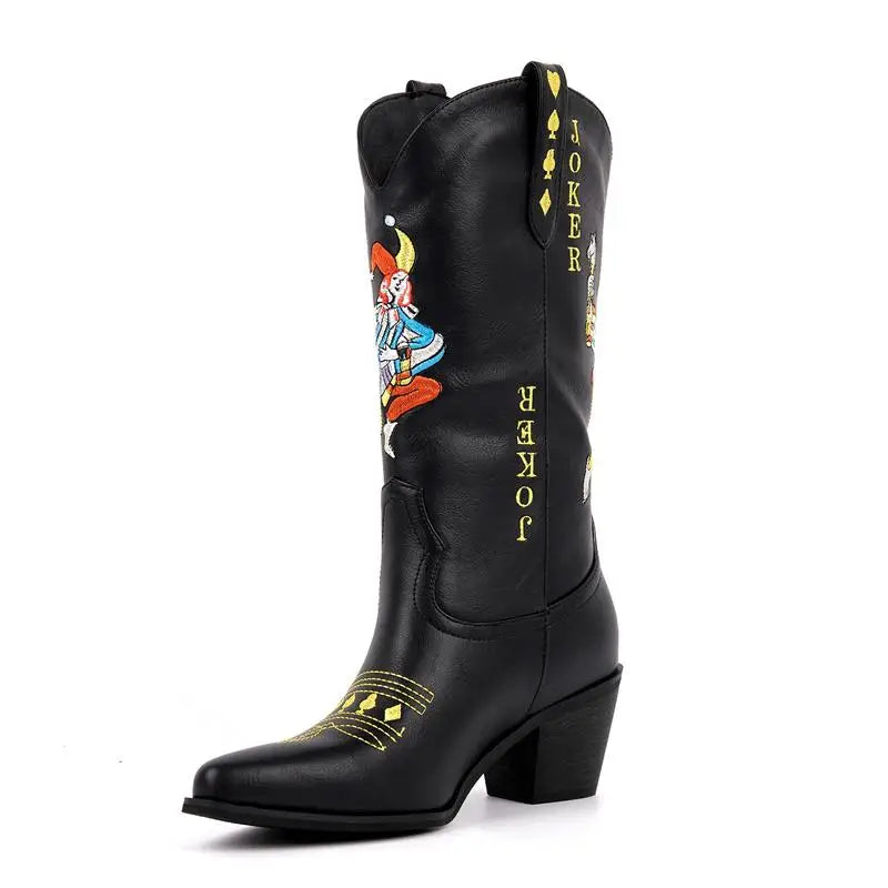 Women Matte Black Pointed Toe Joker Embroidery Mid-Calf Western Boots  Big Size Block Heel Cowboy Boots