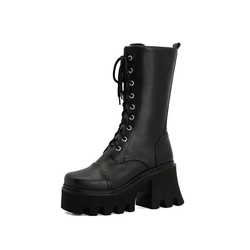 Platform Thick Heel Mid-Calf Boots PU Lace Up Chunky Punk High Heels Black Booties