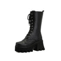 Platform Thick Heel Mid-Calf Boots PU Lace Up Chunky Punk High Heels Black Booties