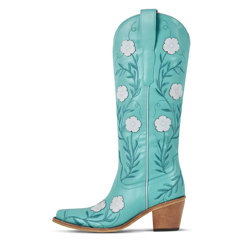 Onlymaker Women Pointed Toe Side Zipper Embroidery Flower Western Cowgirl Boots Chunky Heel Embroidery Cowboy Boots