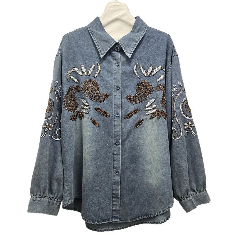 2026 Early Spring New Style Heavy Beaded Embroidery Denim Shirt For Women Loose Versatile Jacket Female Trendy 11A08742