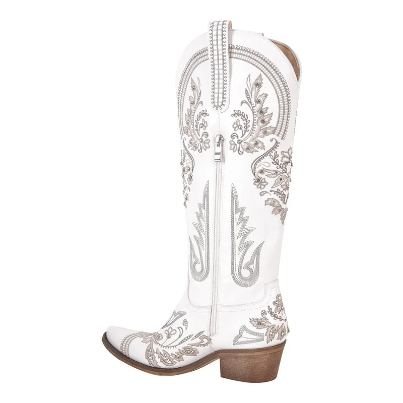 Onlymaker Women Pointed Toe Embroidered White Western Cowboy Boots Block Heel Pull-On Cowgirl Booties