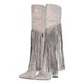 Onlymaker Women Fringe Rhinestones Bling Western Cowboy Boots Cowgirl Pointed Toe Block High Heel Side Zipper Knee High Boots