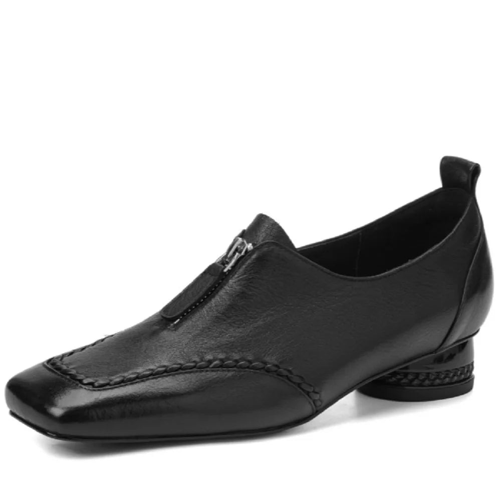 women's Handmade Genuine Leather Square toe front zip high quality soft comfortable casual female 34-40