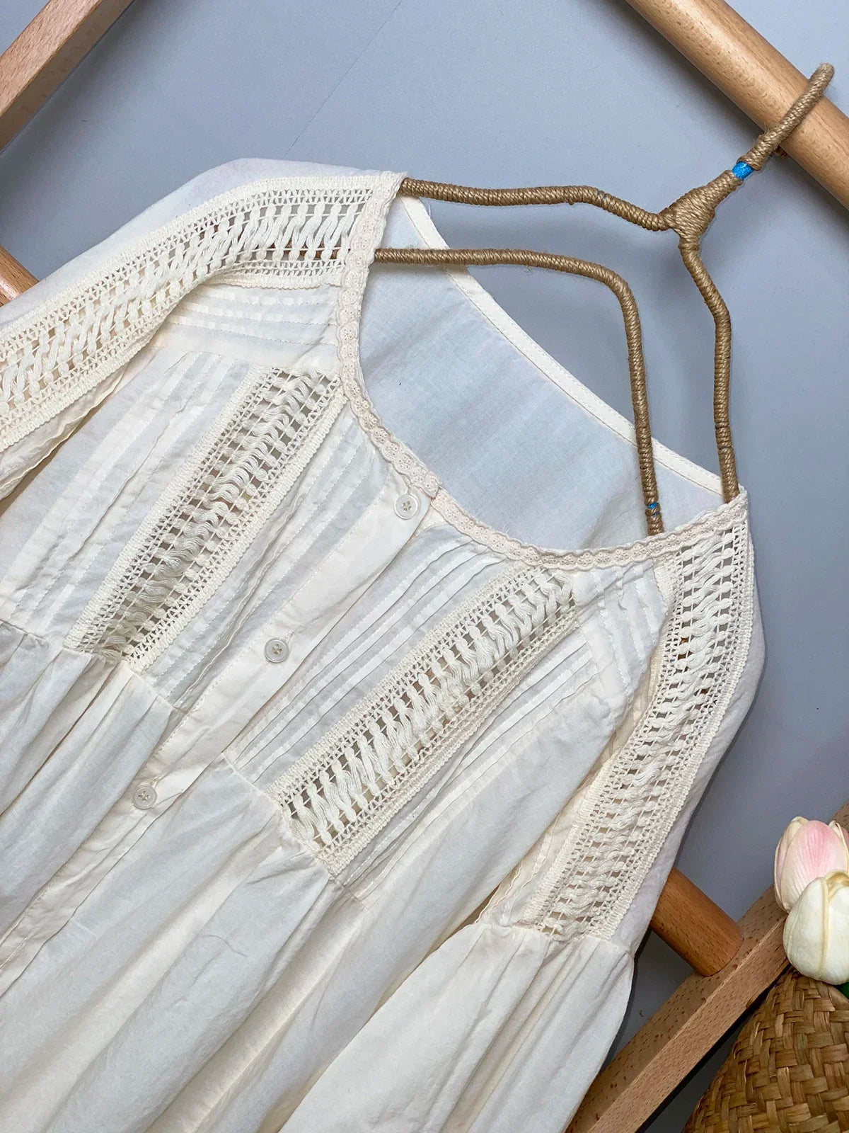 Vintage Cotton Lace Crochet Hollow Patchwork Pleated Blouse Female Victorian Boho Hippie Retro Puff Sleeve Elegant Shirt Tops