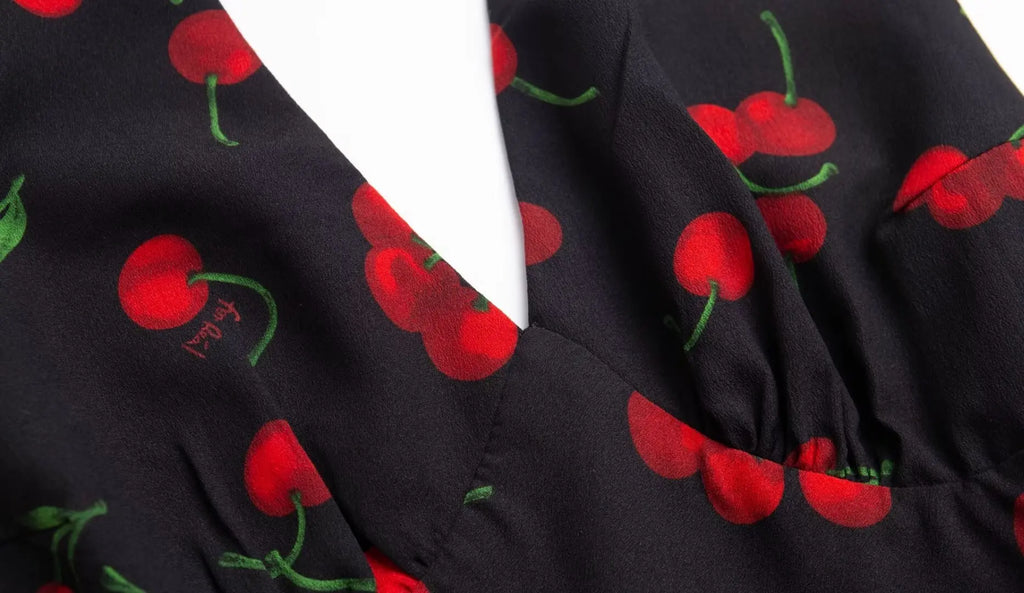 2026 Autumn New European And American Style French Leaky Back Retro Cherry Print Halter Dress Street Style Women's Floral Skirt