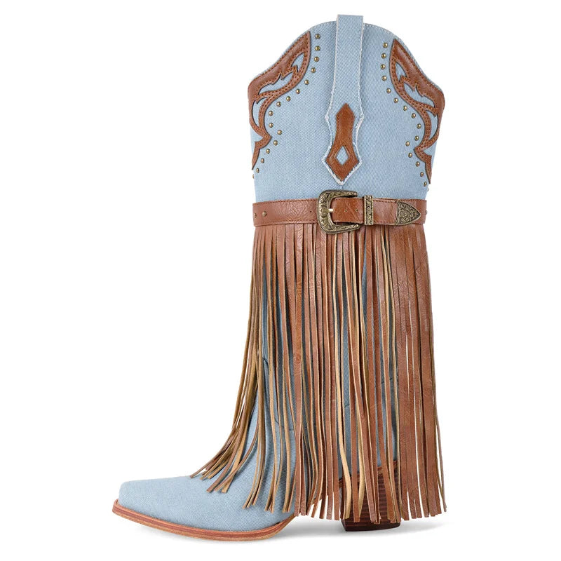 Onlymaker Women Pointed Toe Pull-on Knee High Fringe Boots Comfy Pull On Mid Calf Chunky Heel Embroidered Western Boots