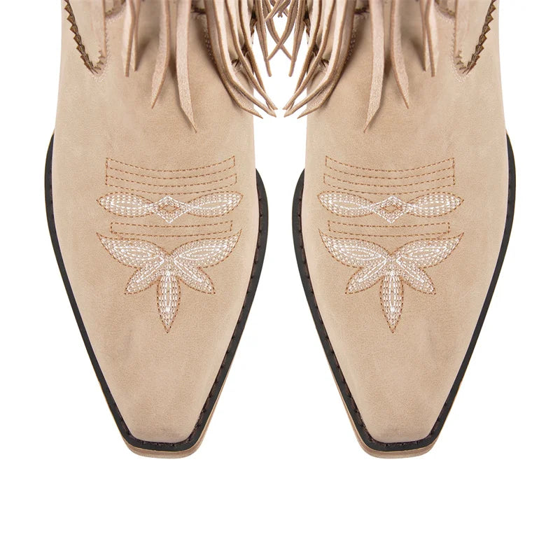 Onlymaker Women Pointed Toe Retro Fringe Pull On Western Cowgirl Boots Fringed Chunky Heel Embroidery Cowboy Boots