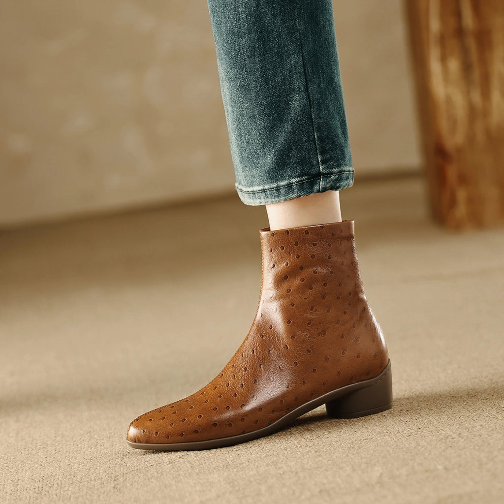 Women Handmade Genuine Leather Soft and comfortable Western Boots Square Toe Chunky Heel Retro Ankle Boots 34-40