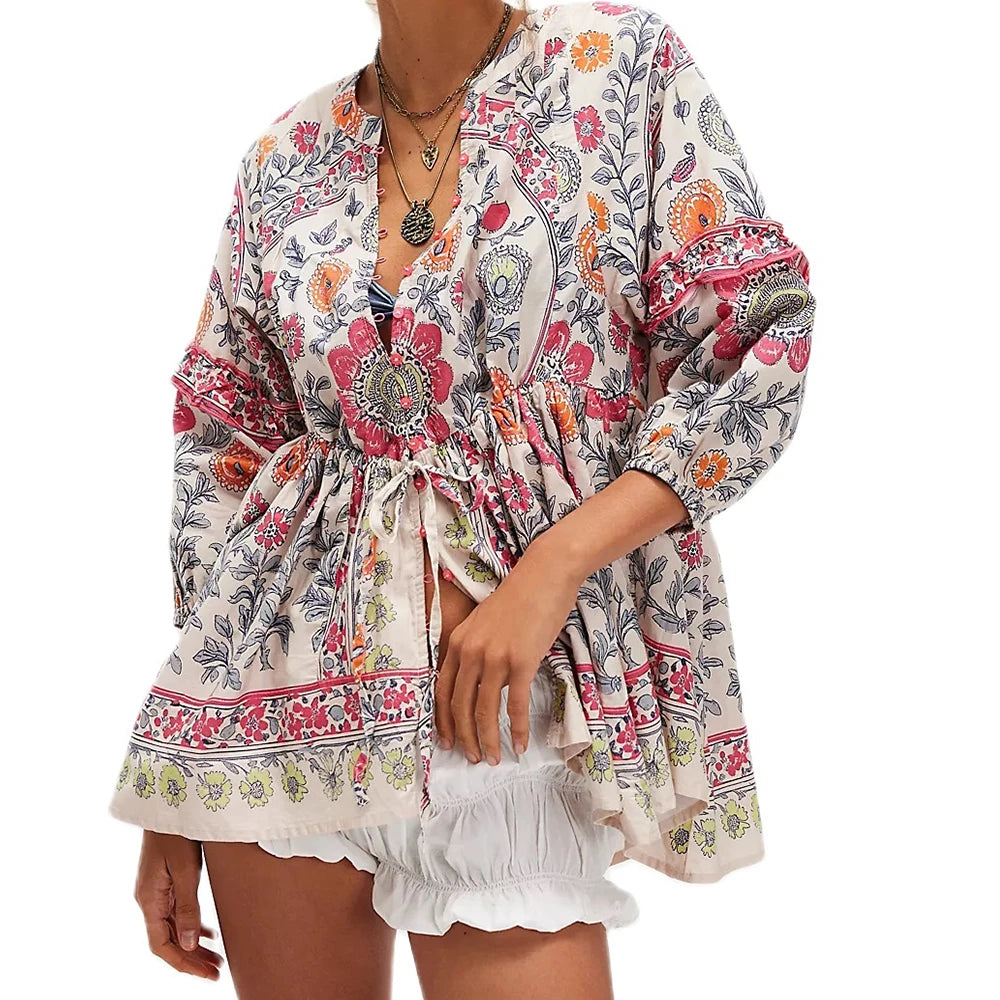 Women Y2K Boho Floral Puff Sleeve Peplum Tunic Blouse Vintage Front Tie Up Button Shirt Flower Ruffle Trim Loose Fit Dressy  Top