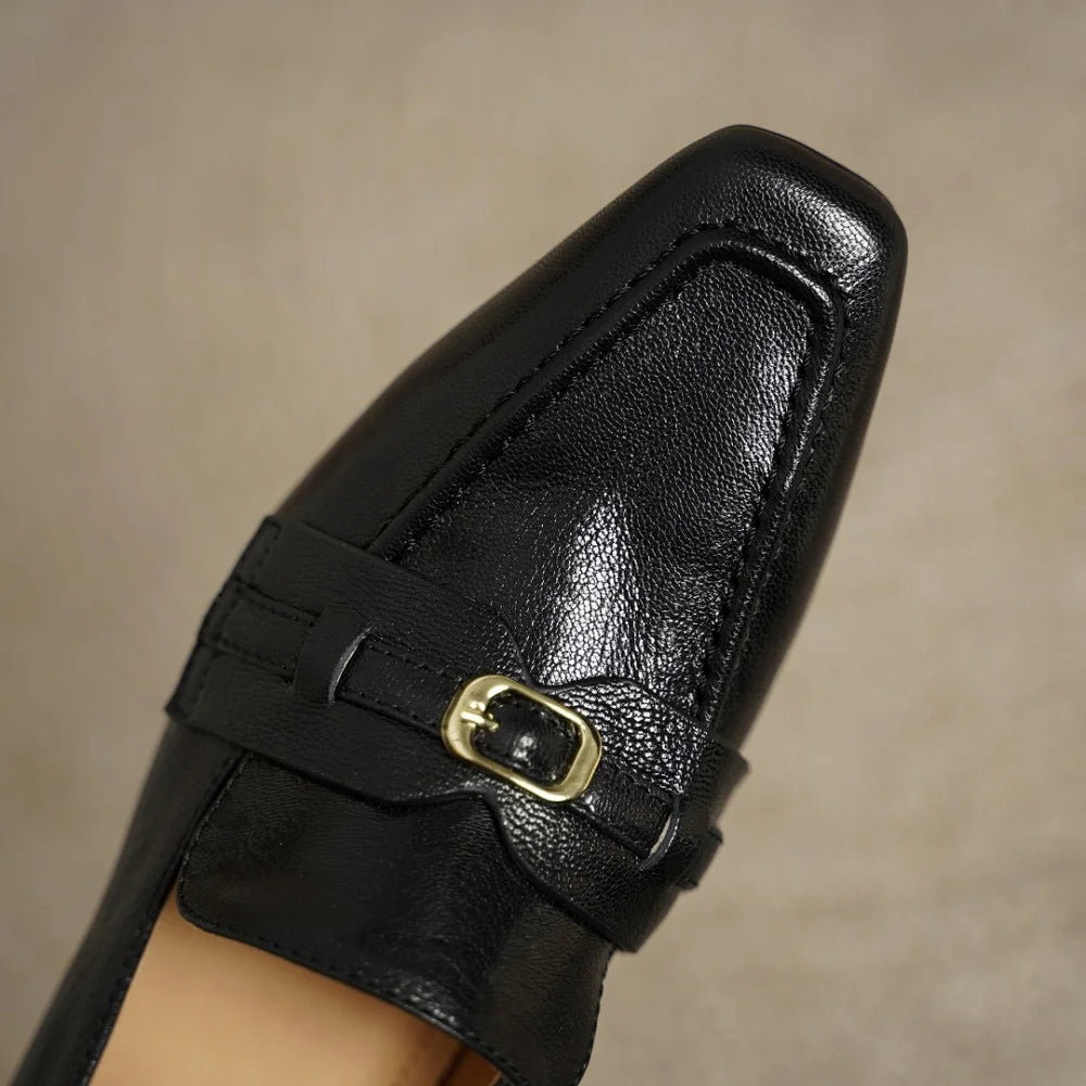 Women's Handmade genuine leather Square toe loafers Mid Hells high quality soft comfortable casual shoes