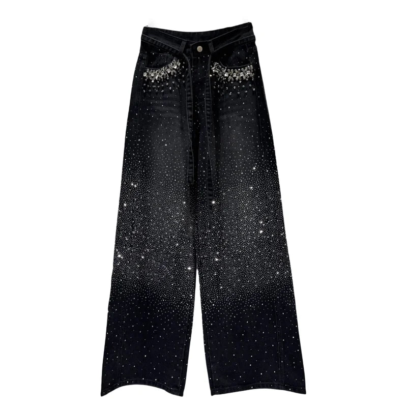 2026 Spring New Heavy Industry Pocket Rhinestone Vintage Wide-Leg Jeans For Women High Waist Straight Denim Pants 11A08297