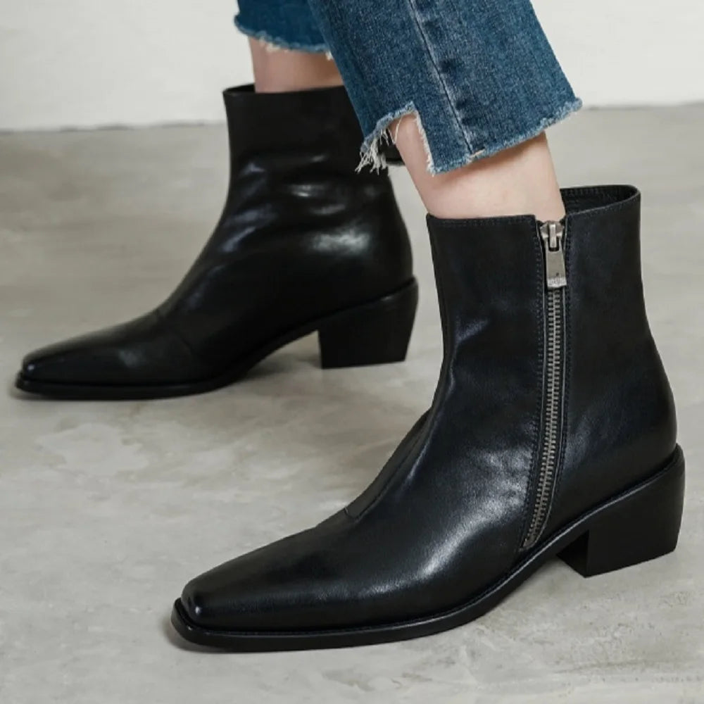 Size 34-40 New Handmade Genuine Leather Soft and comfortable Ankle Boots Zipper Chunky Mid Heels Square Toe Boot