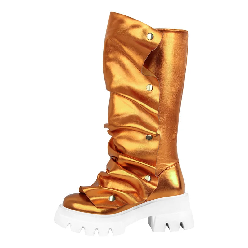 Onlymaker Women Platform Red Fold Over Boots Block Heel Round Toe Western Pull on Fashion Mid-Calf Female Boots