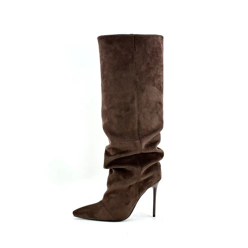 Ladies' Spring and Autumn New High Heels, Knee Length Boots, Side Zipper Folding High Barrel Fashion Large Women's Boots