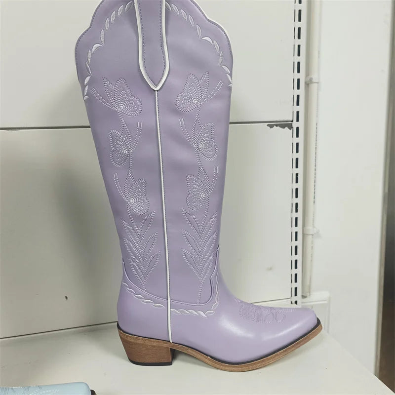 Onlymaker Women Pink Pointed Toe Pull-on Knee High Cowgirl Boots Big Size Comfy Female Mid Calf Chunky Heels Cowboy Boots