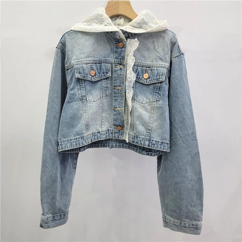 2026  Jeans Jacket Fashion New Style Lace Patchwork Hooded Denim Short Jacket For Women Single-breasted Coat Female Trend 11A08133