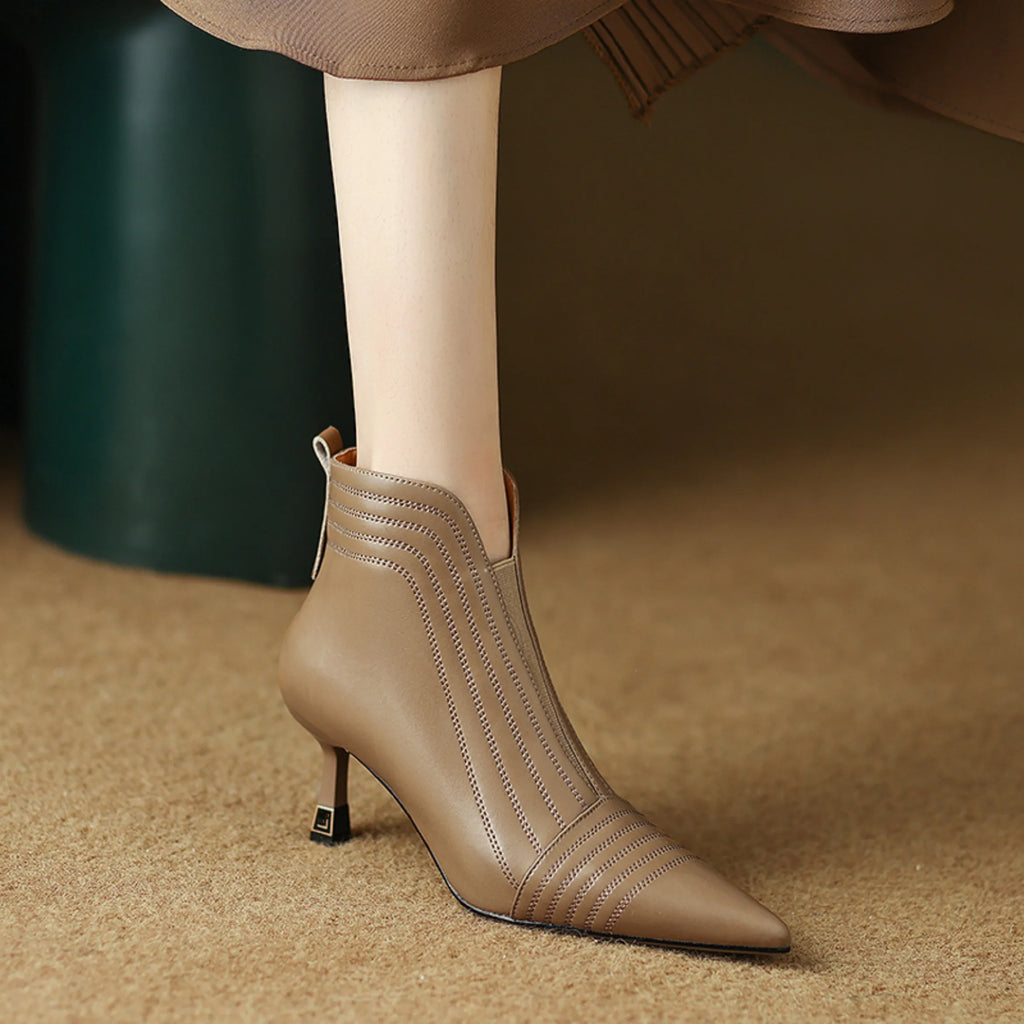 Sexy Pointed Toe Women Full Genuine Leather Ankle Boots Slip On Solid Color Super High Thin Heels Handmade For 42