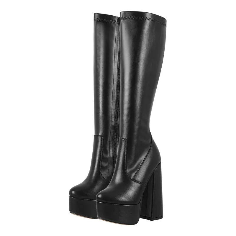 Onlymaker Boots Women Black Platform Chunky Heel Knee High Patent Leather Square Toe  Lady Fashion Boots
