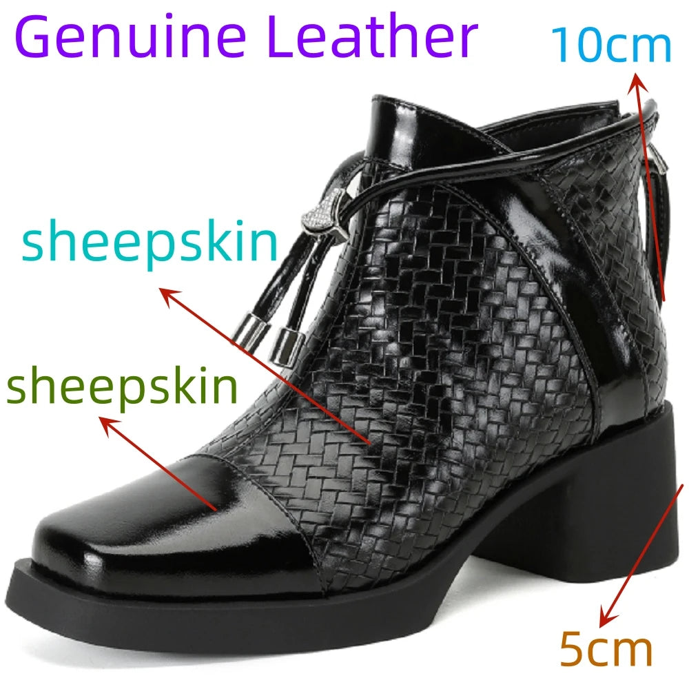 Handmade Genuine Leather Retro Mid Heeled Short Boots Autumn New Square Toe Lace Up Women's Shoes 33-40