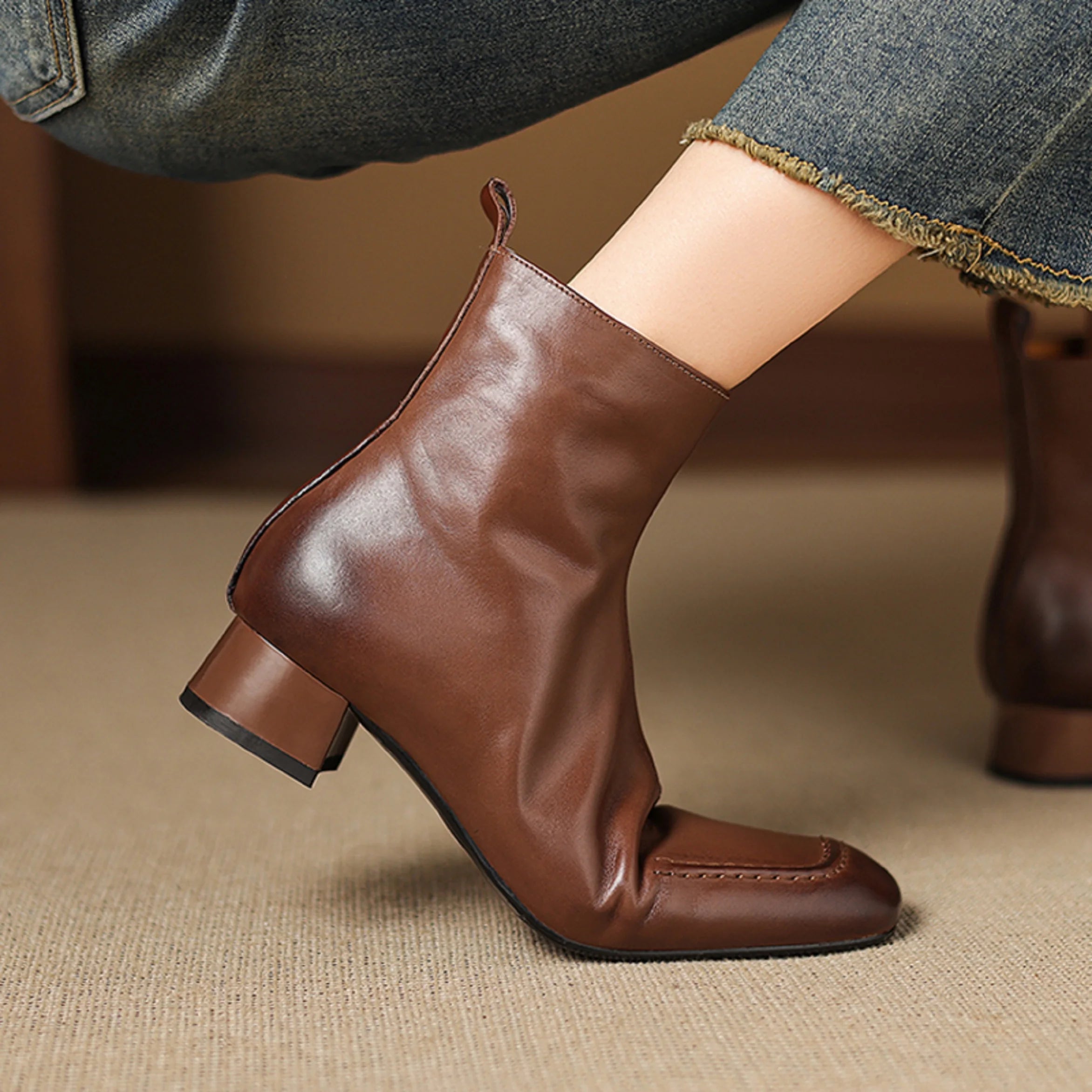 Women's Handmade Genuine leather square toe zip Soft comfortable ankle boots elegant ladies med heel dress 34-40