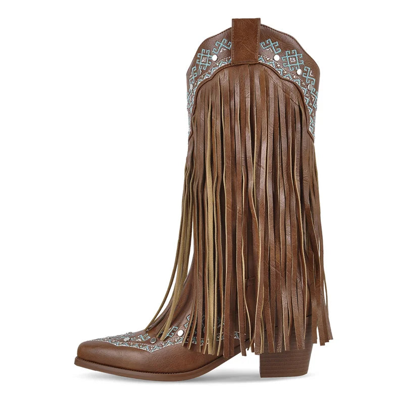 Onlymaker Women Pointed Toe Embroidery Fringe Pull On Retro Western Cowgirl Boots Fringed Chunky Heel Cowboy Boots