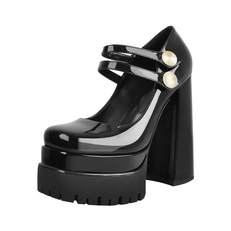 Women Pumps Mary-Jane Platform Black Pink Chunky 16CM High Heels Ankle Strap Dress Party Hoof Heel Plus Size Shoes