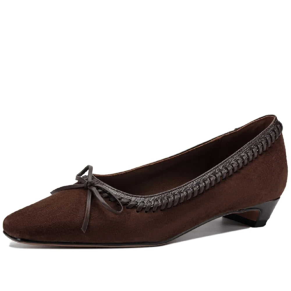 Handmade Genuine Leather Square Toe Low Heels Spring Autumn Shoes Beading Preppy Style Sewing Shallow Women Pumps