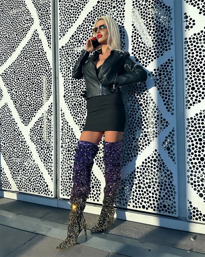Onlymaker Women Glittery Over The Knee Boots Gradient Color Sequins Pointed Toe Stiletto Female Boots
