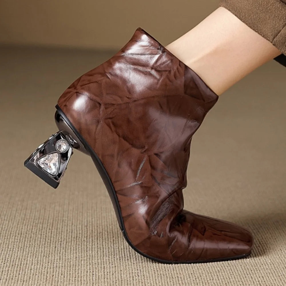 New Women Handmade Genuine Leather High Heels Zipper Boots Autumn Winter Square Toe Strange Heel Ankle Boot 34-40