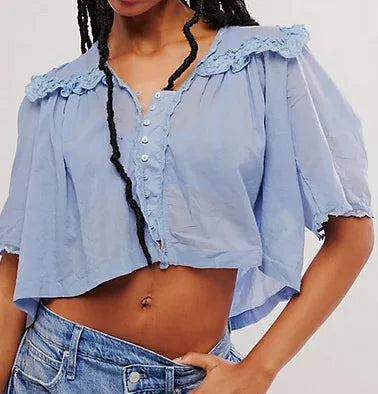 Women Sweet Ruffles Sheer Shirts 2026 Fashion Ladies Loose Lace Button Blouses for Female Chic Elegant See Through Tops Clothes