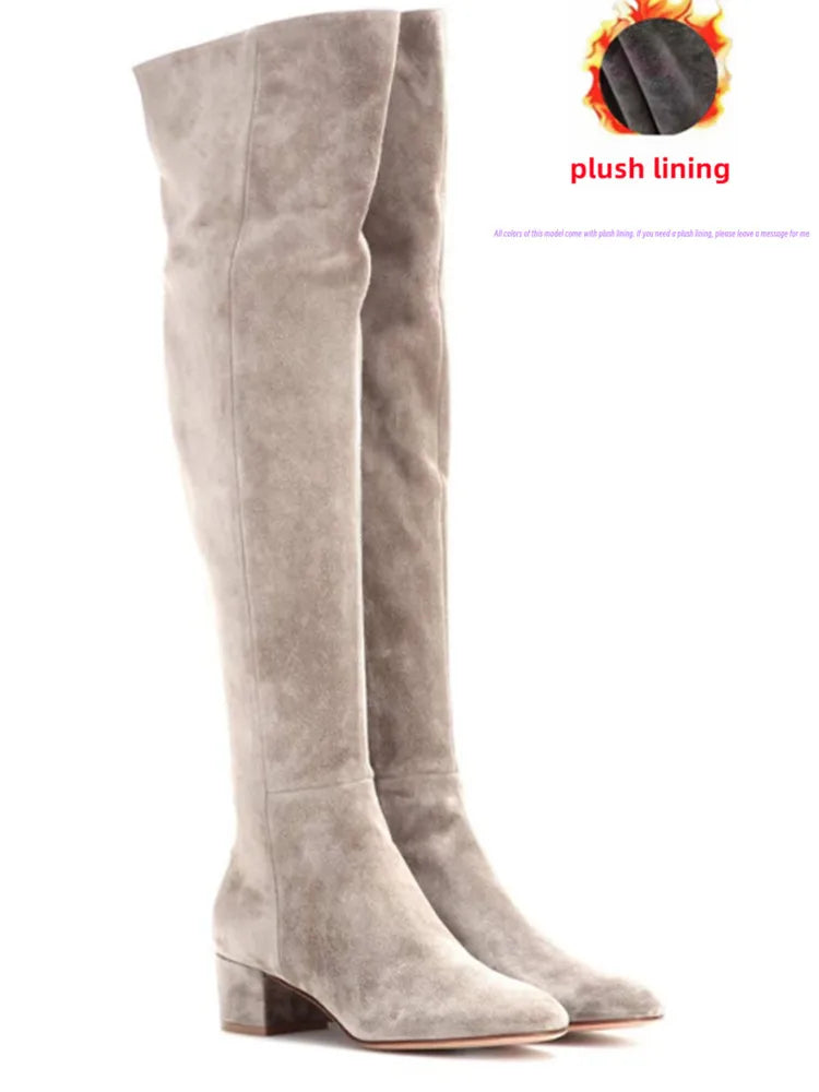 2025 Autumn and Winter New Women's Knee Over Boots Round Head Thick High Heels Side Zipper 34-46 Large Women's Boots