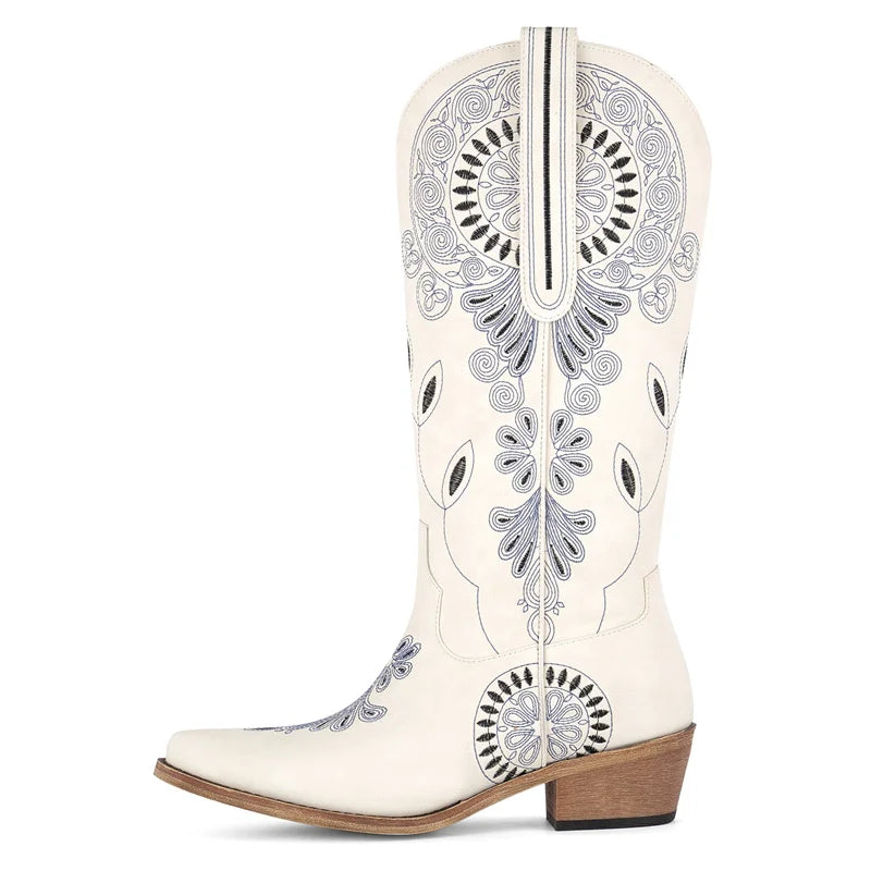 Onlymaker Women Pointed Toe Pull On Western Cowgirl Boots Fringed Chunky Heel Embroidery Cowboy Boots
