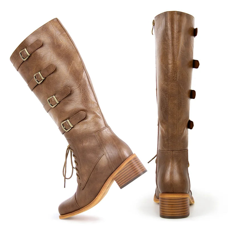 Women Round Toe Knee High Boots Boot Matte Brown Thick Heels Zipper Winter Big Size Buckle Boots