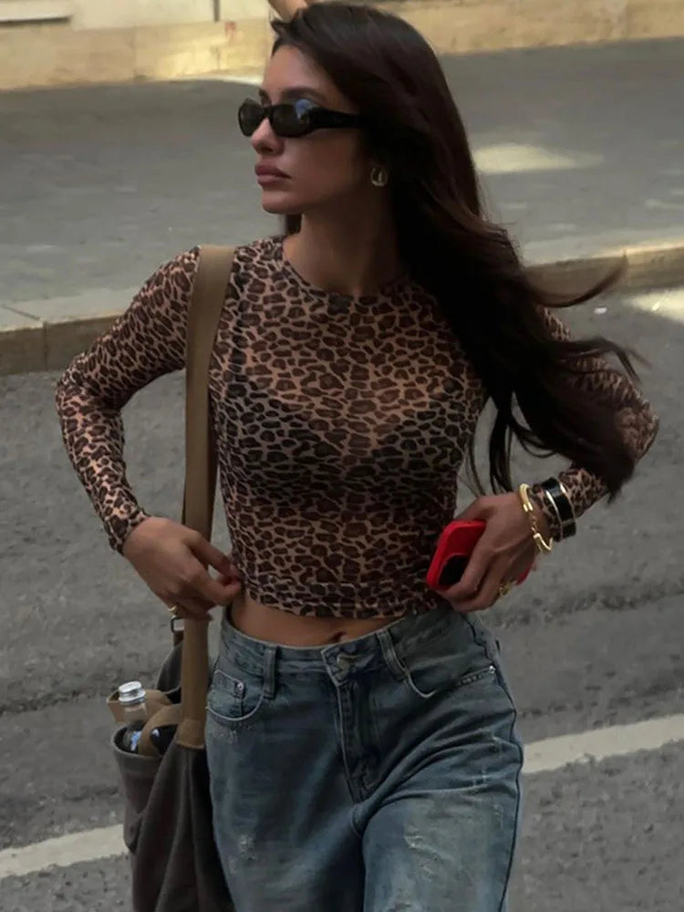 Leopard Mesh Print Top T-Shirt Women's Sexy See-through Slim Short T-Shirt Top Casual Long Sleeve Pullover Top T-Shirt
