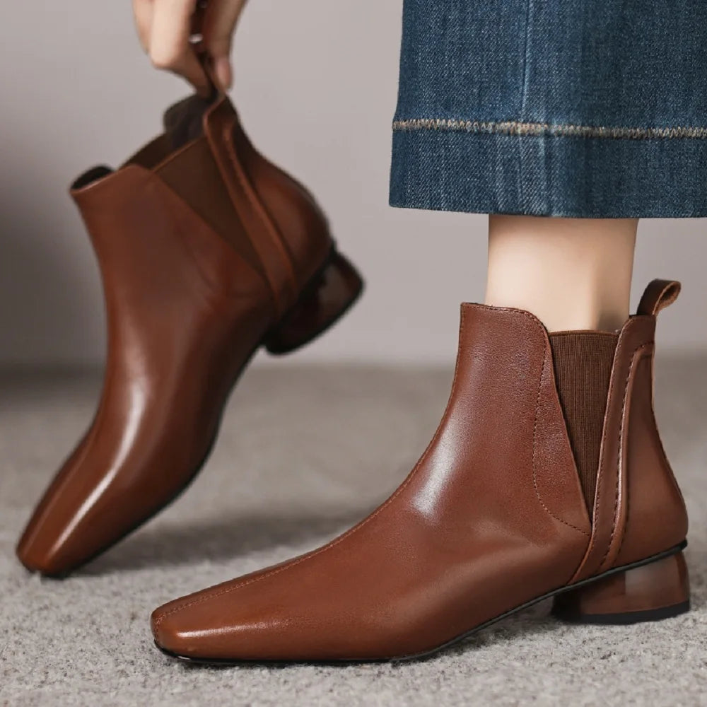 Women Handmade Genuine Leather Soft and comfortable Short Boots Square Toe Retro Street Style Winter Boots 34-40