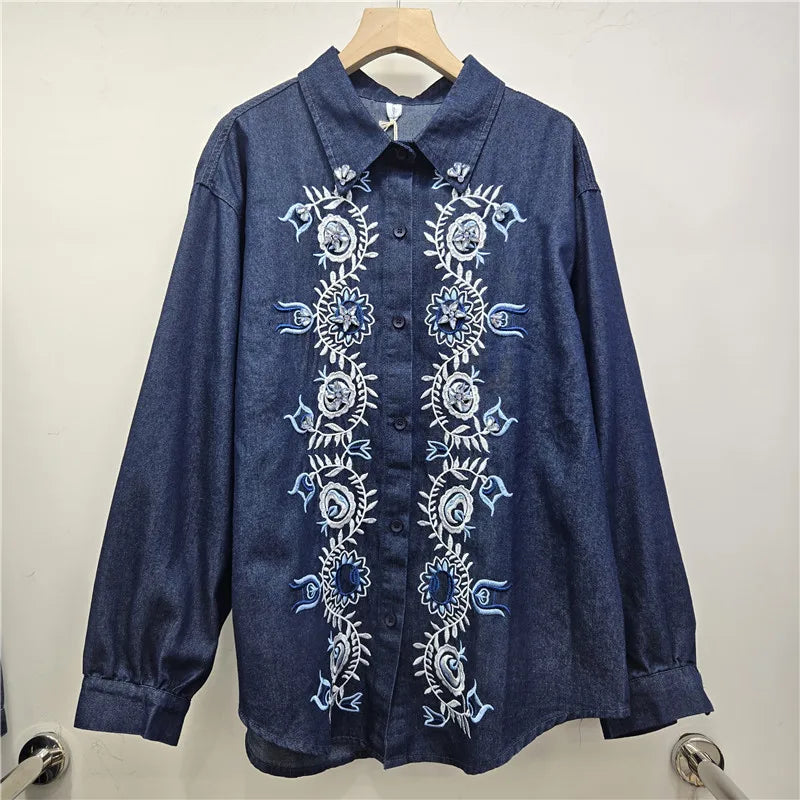 2026 Spring Fashion New Beading Embroidery Denim Shirt For Women Long Sleeve Loose Casual Blouse Female Trendy 11A08739