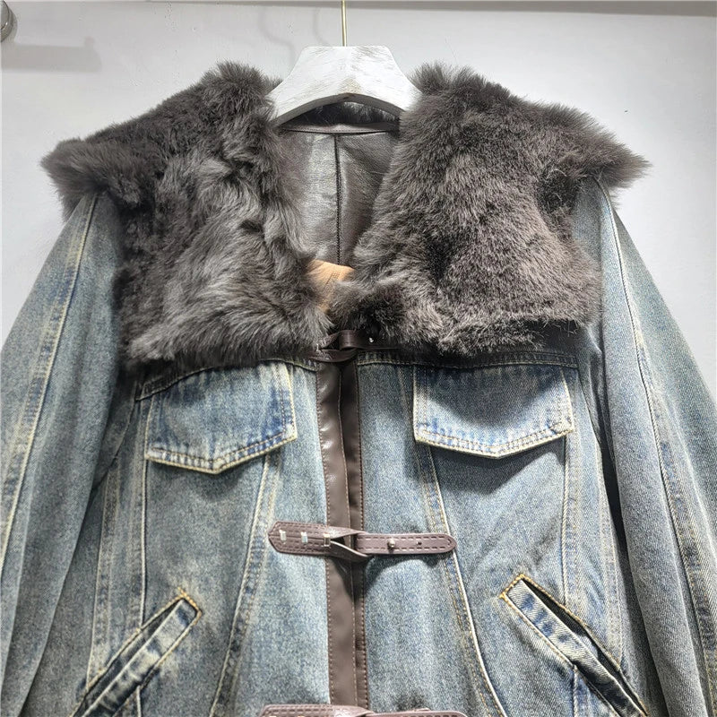2026 Jeans Jacket Winter New Fashion Patchwork Denim Parka Coat For Women Vintage Thickened Faux Fur Short Jacket Female 11A06679