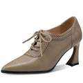 Women Handmade Genuine Leather Pointed Toe Lace-up Thick Heel Platform Retro Classic Spring Autumn 33-43