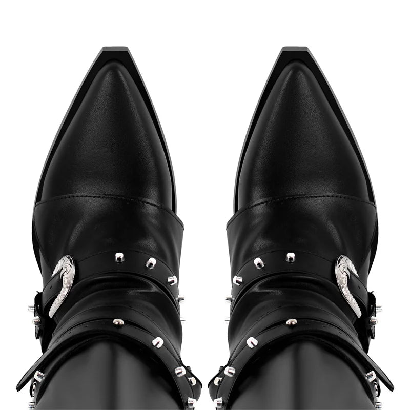 Onlymaker Women Pointed Toe Black Buckle Block Heel Knee High Boots