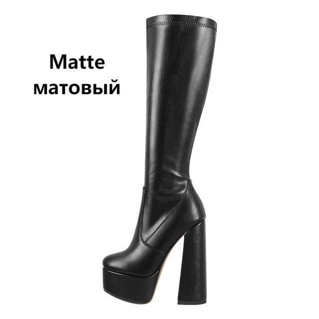 Onlymaker Boots Women Black Platform Chunky Heel Knee High Patent Leather Square Toe  Lady Fashion Boots