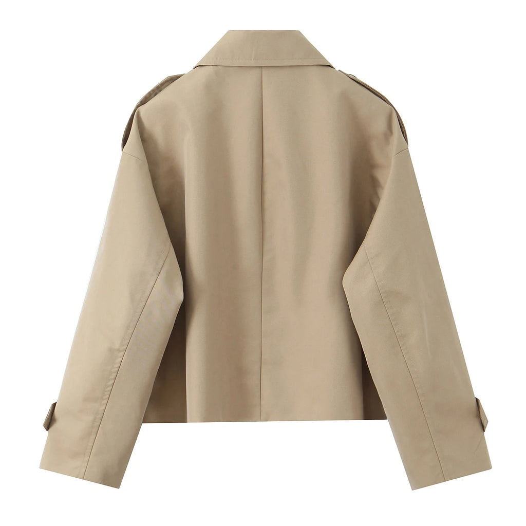 Women Double Breasted Cropped Trench Jacket Long Sleeves for Female Autumn Winter Outerwear