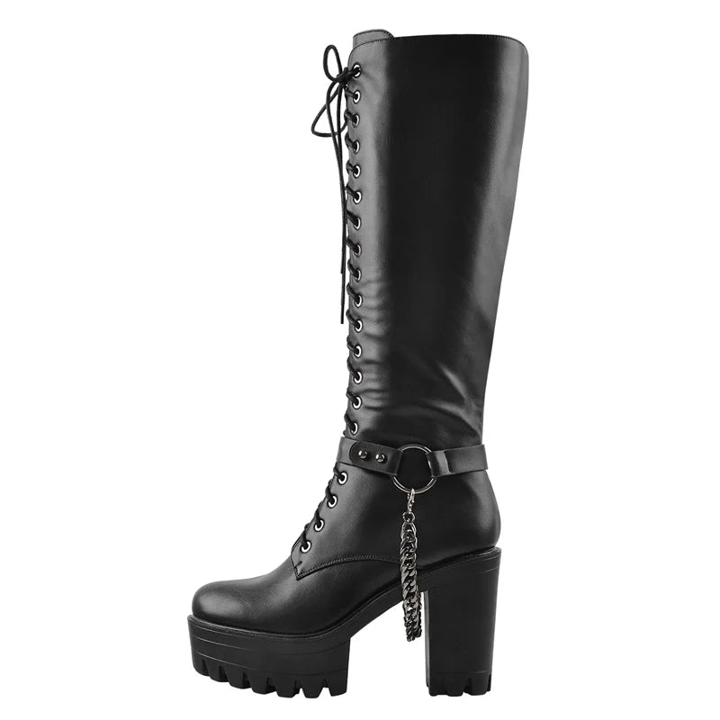 Onlymaker Women Black Matte Platform Front Lace-Up Side Zip Knee High Boots Lady Fashion Classic Big Size Winter Boots
