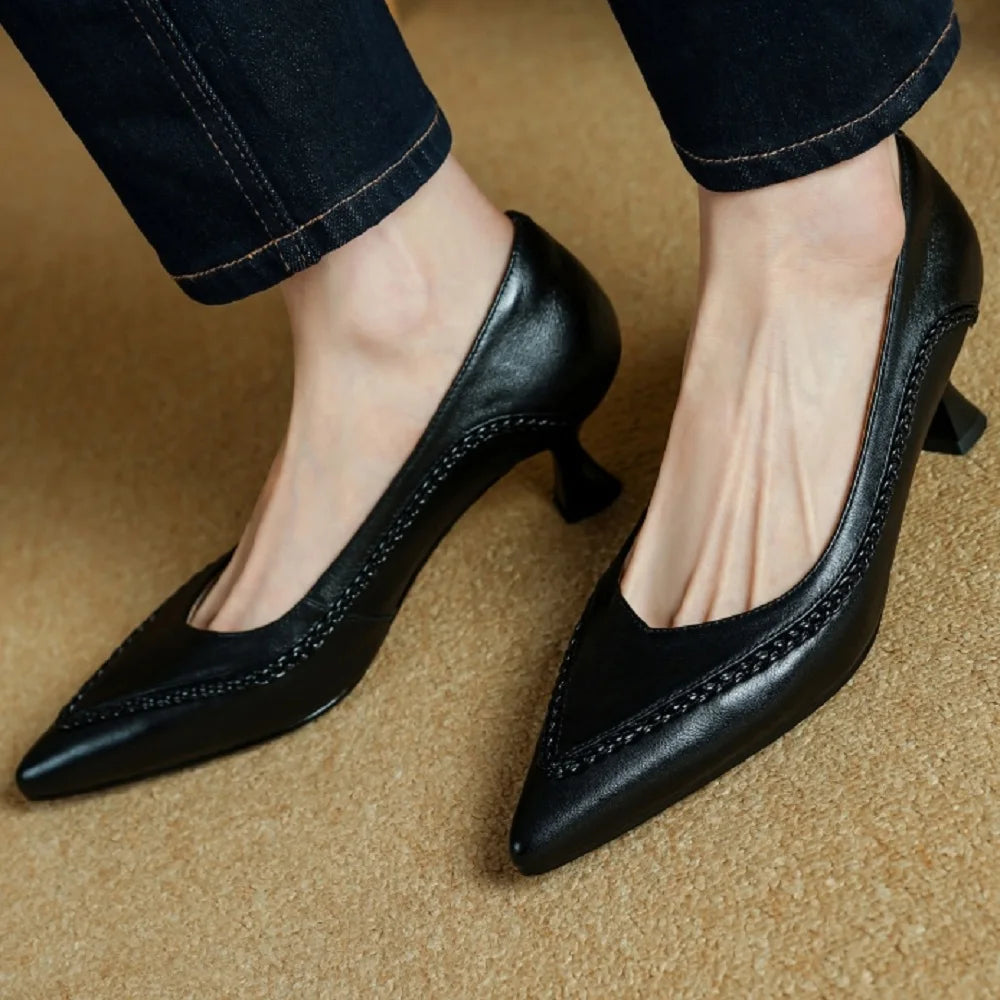 New Women Handmade Genuine Leather Pointed Toe Mid Heel Soft and comfortable Shallow Slip-on Ladies Shoes 34-40