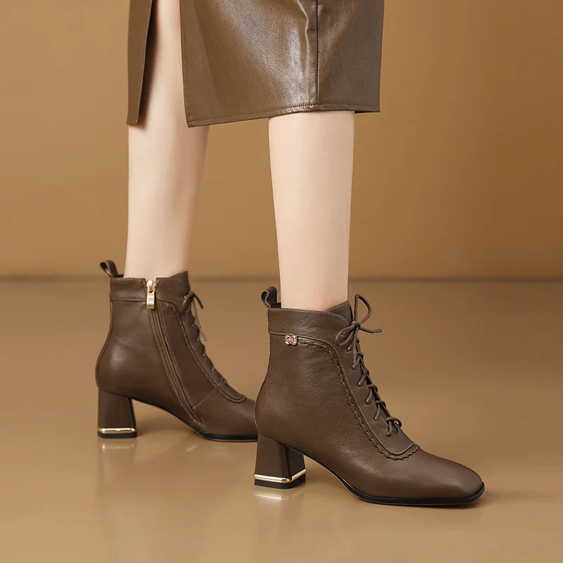 Woman Handmade Genuine Leather Soft and comfortable Ankle Boots Ladies Casual Shoes Modern Square Toe 33-43