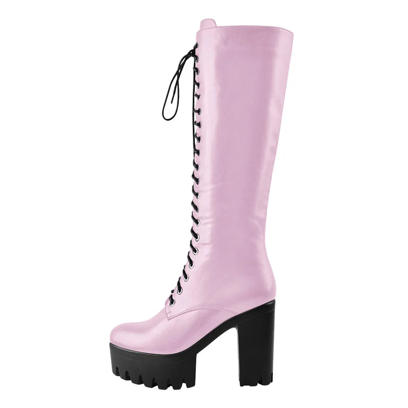 Onlymaker Women  Platform Black Matte Front Lace-Up Side Zip Knee High Boots Big Size Lady Fashion Classic Long Boots