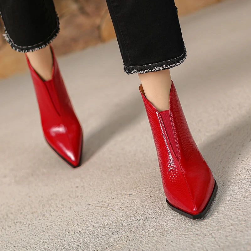 New Handmade Brand Genuine Leather Pointed Toe Winter  Modern Boots Mid Heels Beauty Lady Dance Party Sexy 33-40